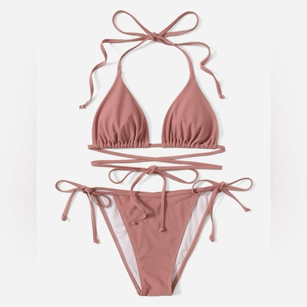 SHEIN Dusty Pink Ruched Tie Side Bikini Swimsuit